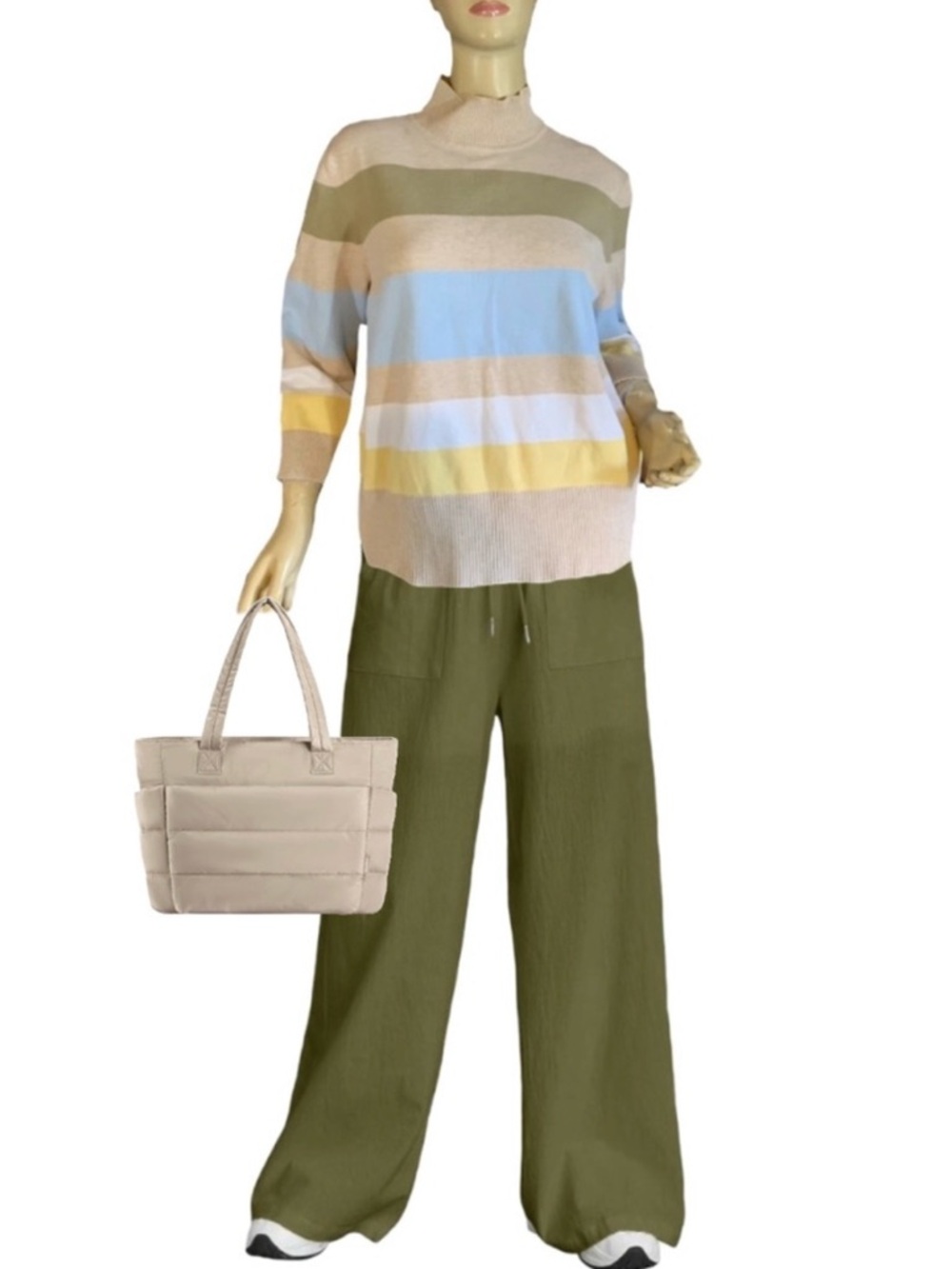 TOMMY HILFIGER COTTON BLEND BLUE, BEIGE PASTEL STRIPES SWEATER Y2K (M)